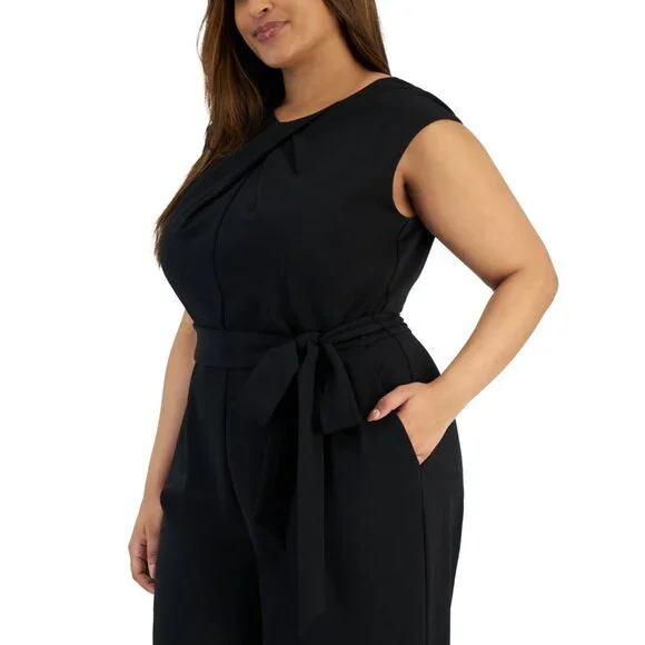 149$ Tahari Twist-Neck Belted Wide-Leg Jumpsuit Plus Size 14W Us Black - Picture 3 of 3